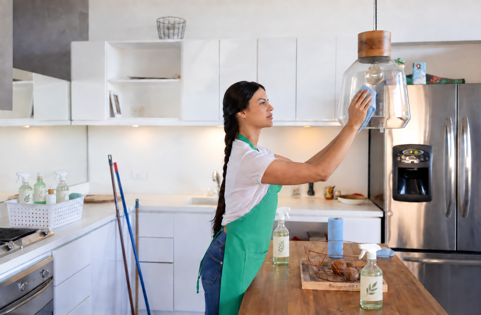 Cleaner wiping a kitchen light fixture during a deep clean